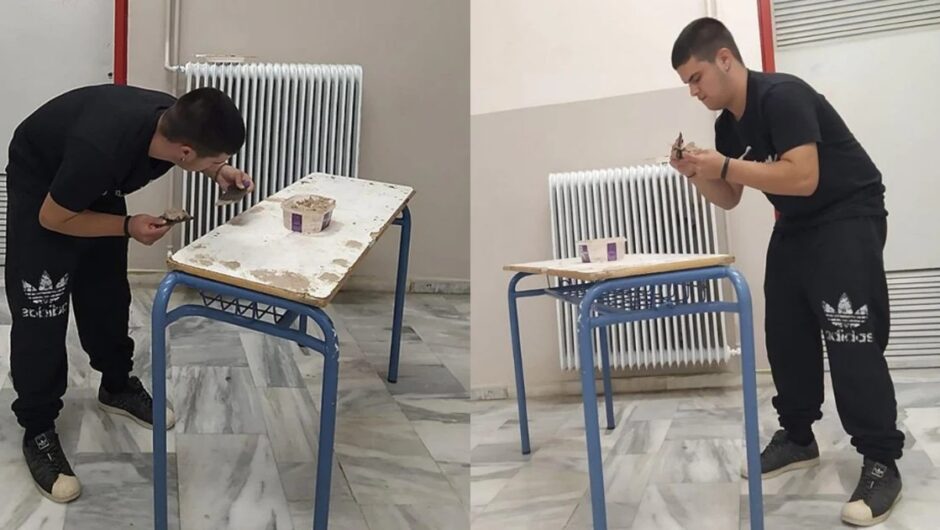 Υπάρχουν κι αυτά τα παιδιά: Μαθητής στο ΕΠΑΛ Τυρνάβου επισκευάζει τα θρανία του σχολείου στα κενά μεταξύ των μαθημάτων