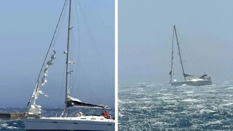Ιστιοφόρο δίνει μάχη με τα κύματα για να καταφέρει να προσεγγίσει το λιμάνι της Τήνου – Δείτε βίντεο